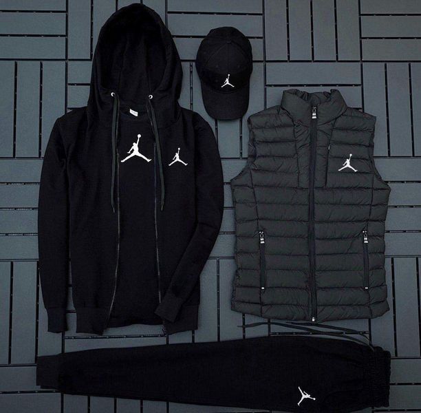 Мужской спортивный костюм Jordan 5в1 черный Комплект Джордан Худи Штаны Футболка Кепка Жилетка Hot-112/Ow фото