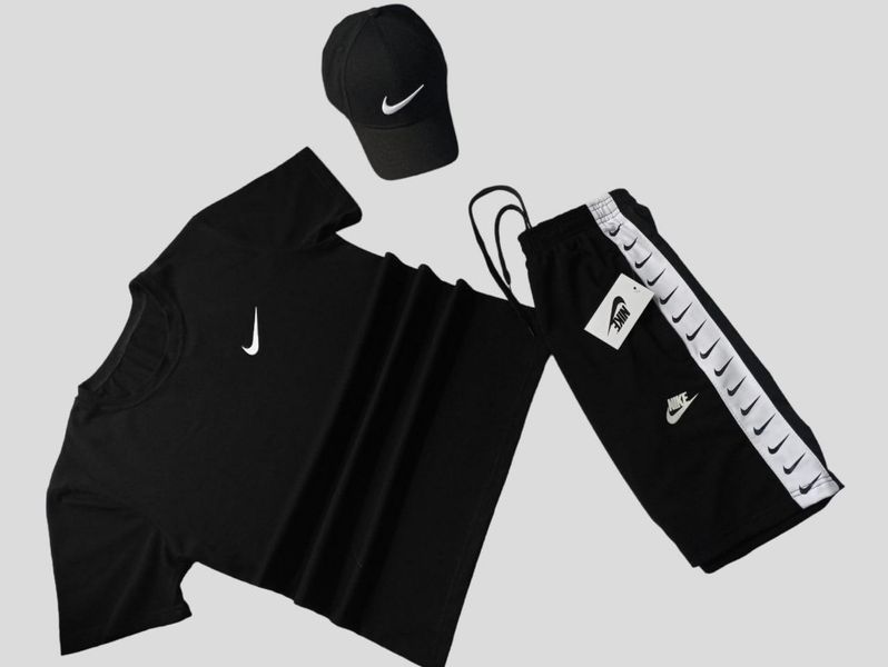Мужской летний костюм Nike Футболка Шорты черный комплект Найк с лампасами will-N0064 фото
