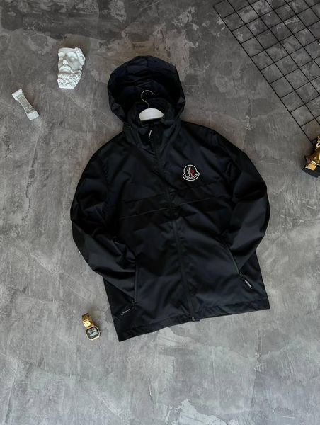 Мужская ветровка Moncler с капюшоном черная Куртка Монклер из плащевки демисезонная Моло-MNC-1 фото