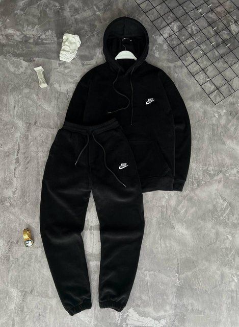 Мужской зимний спортивный костюм Nike черный Комплект Найк плюшевый Худи Штаны Моло-89-01 фото
