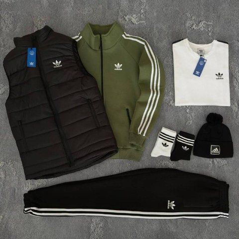 Мужской зимний спортивный костюм Adidas зеленый Набор Адидас Костюм Жилет Шапка Футболка без капюшона Хар-693 фото