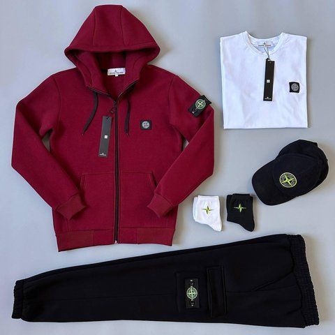 Мужской зимний спортивный костюм Stone Island красный Комплект Стон Айленд Футболка Кепка Хар-287 фото