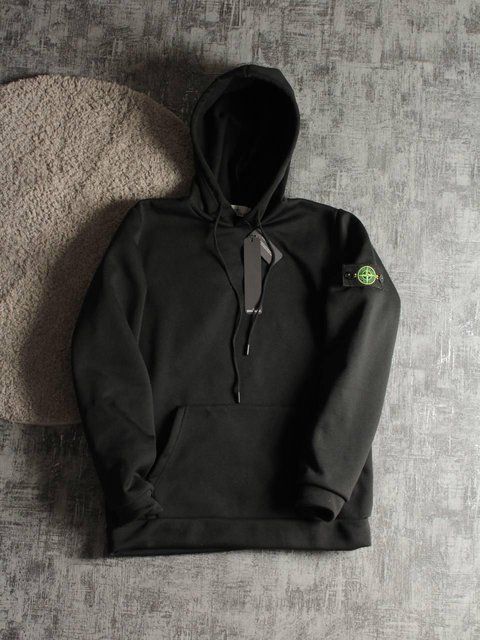 Мужское зимнее худи Stone Island с патчем черное Кофта с капюшоном Стон Айленд Hot-33 фото