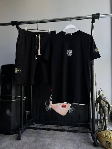 Чоловічий літній костюм Футболка Шорти Stone Island чорний з патчем Стон Айленд Моло-67-13 фото