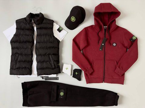 Мужской зимний спортивный костюм Stone Island 5в1 бордовый Комплект Стон Айленд Жилетка Футболка Кепка Хар-254 фото