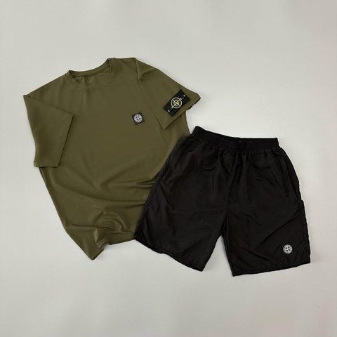 Чоловічий літній костюм Stone Island Футболка Шорти хакі із патчем Стон Айленд Will-SS0017 фото