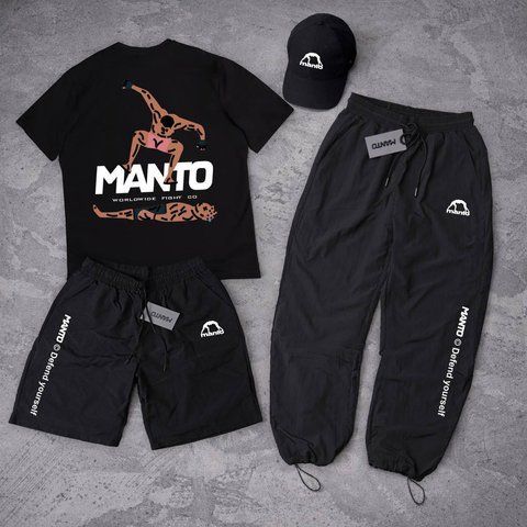 Мужской летний костюм Manto Stomp Футболка Штаны Шорты Кепка черный Комплект Манто Ads-316 фото