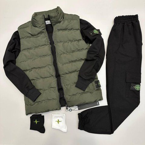 Мужской спортивный костюм Stone Islandм без капюшона черный с хаки Комплект Стон Айленд Жилетка Свитшот Штаны Хар-121 фото