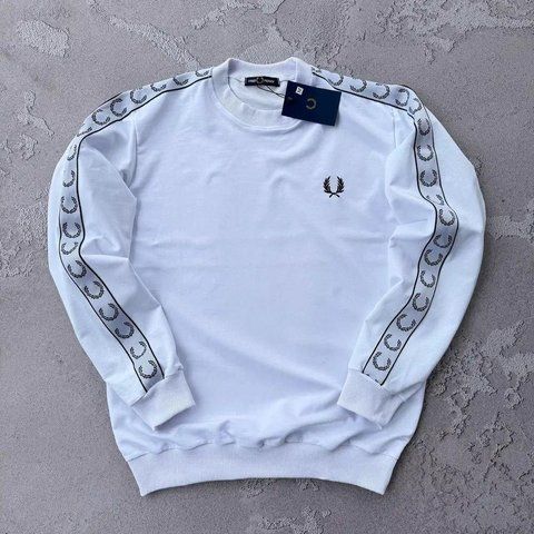 Мужской свитшот Fred Perry белый Кофта Фред Перри без капюшона с лампасами Хар-1006 фото