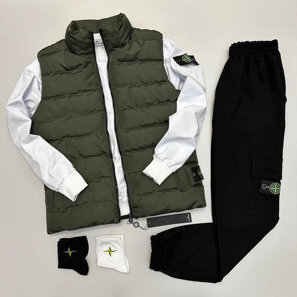 Чоловічий спортивний костюм Stone Island без капюшона чорний з хакі Комплект Стон Айленд Світшот Штани Хар-121 фото