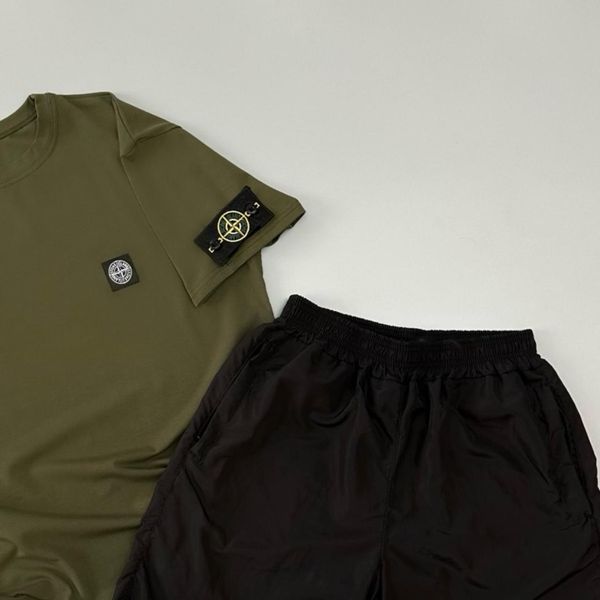 Мужской летний костюм Stone Island Футболка Шорты хаки с патчем Стон Айленд Will-SS0017 фото