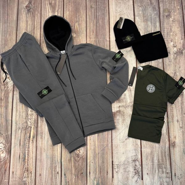 Чоловічий зимовий спортивний костюм сірий Stone Island Комплект Стон Айленд Костюм Футболка Шапка Бафф Sta-26 фото