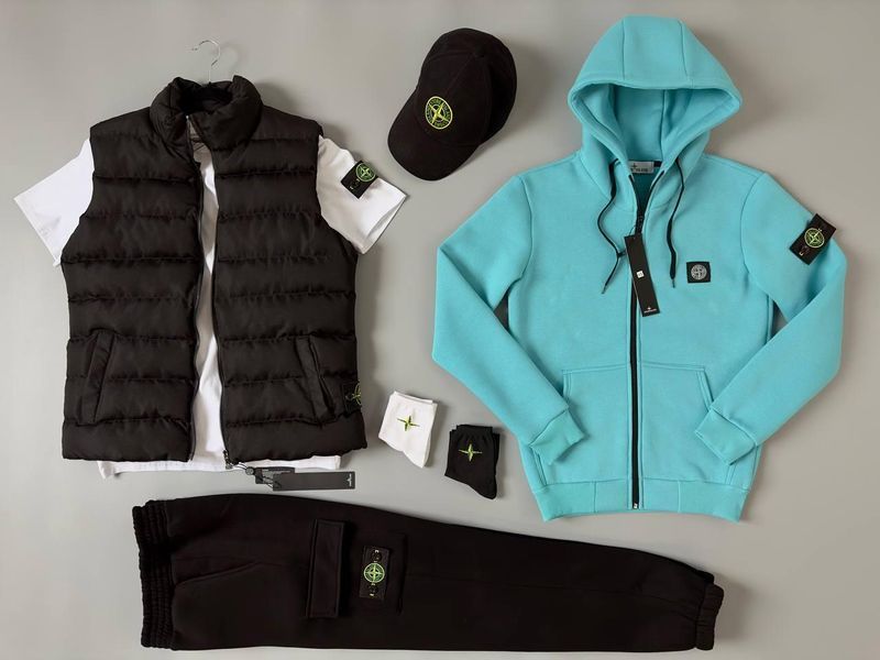 Мужской зимний спортивный костюм Stone Island 5в1 бордовый Комплект Стон Айленд Жилетка Футболка Кепка Хар-254 фото