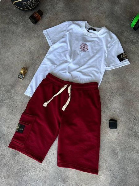 Мужской летний костюм Футболка Шорты Stone Island белый с бордовым Стон Айленд Моло-67-10 фото