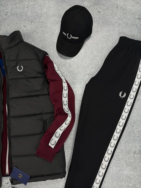 Мужской костюм Fred Perry с лампасами бордовый Комплект Фред Перри Жилетка Кепка Хар-558 фото