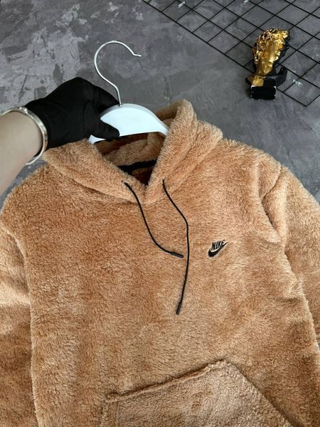 Чоловіче зимове худі Nike плюшеве коричневе Кофта тедді Найк з капюшоном Моло-85KK фото
