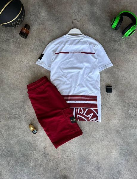 Мужской летний костюм Футболка Шорты Stone Island белый с бордовым Стон Айленд Моло-67-10 фото