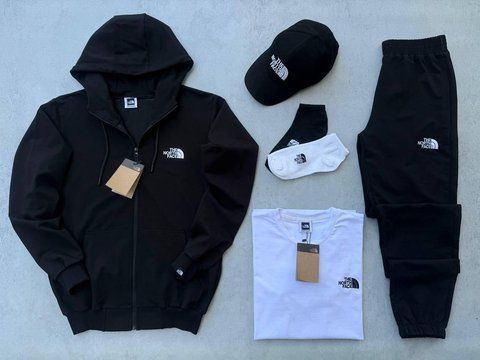 Мужской спортивный костюм The North Face 3в1 черный Комплект ТНФ Зип-худи Штаны Футболка Кепка Хар-450 фото