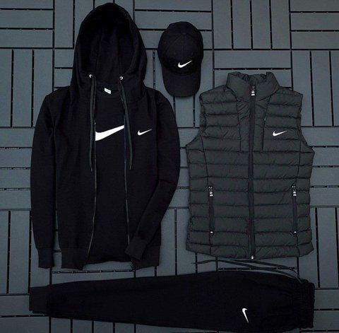 Мужской спортивный костюм Nike 5в1 черный Комплект Найк Худи Штаны Футболка Кепка Жилетка Мой-63/Hot-29 фото