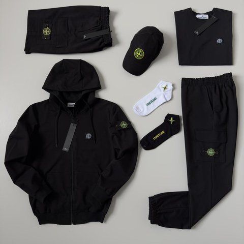 Мужской спортивный костюм Stone Island 7в1 черный Набор Стон Айленд Костюм Футболка Шорты Кепка Хар-533 фото
