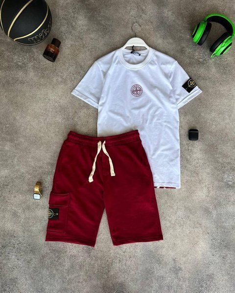 Мужской летний костюм Футболка Шорты Stone Island белый с бордовым Стон Айленд Моло-67-10 фото