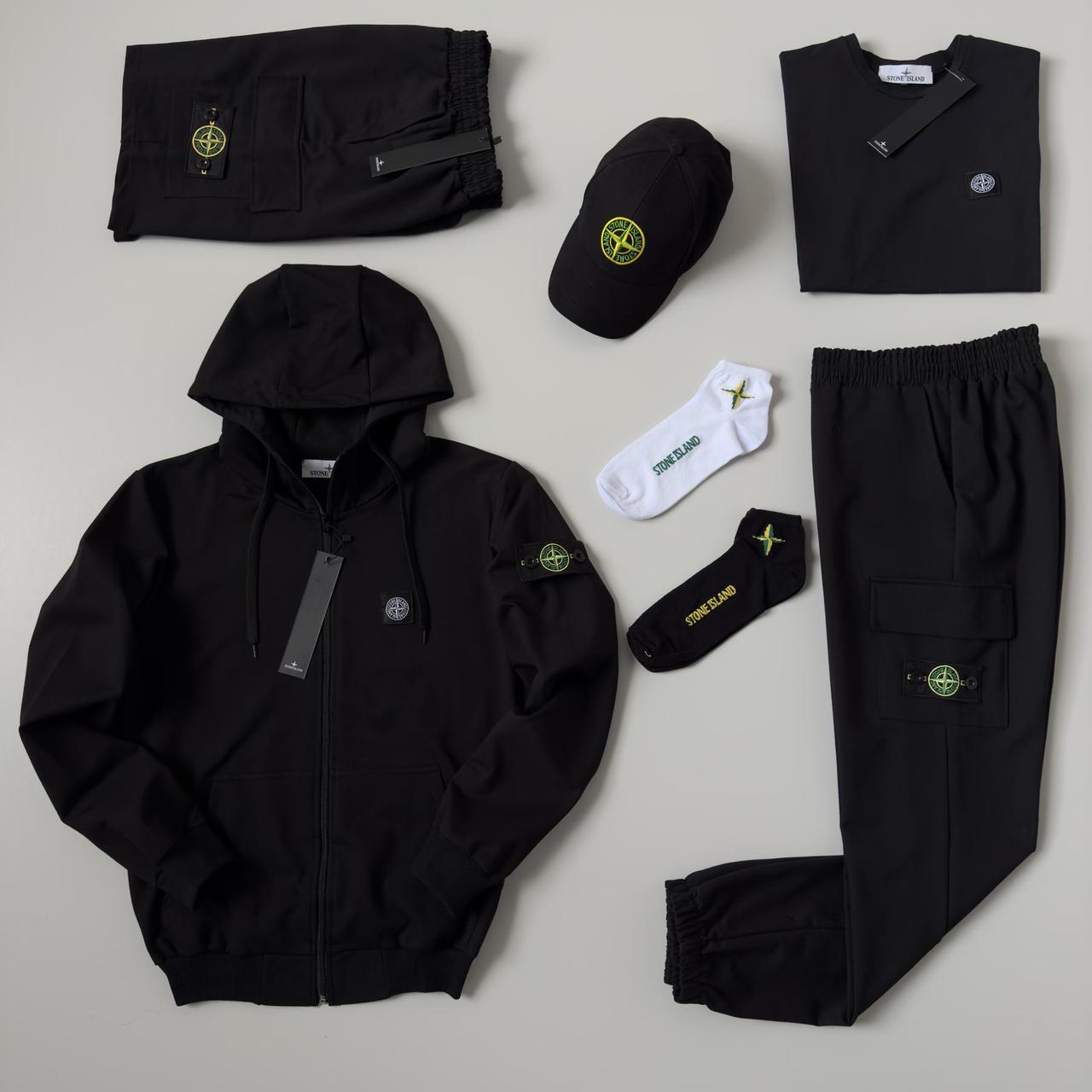 Мужской спортивный костюм Stone Island 7в1 черный Набор Стон Айленд Костюм Футболка Шорты Кепка