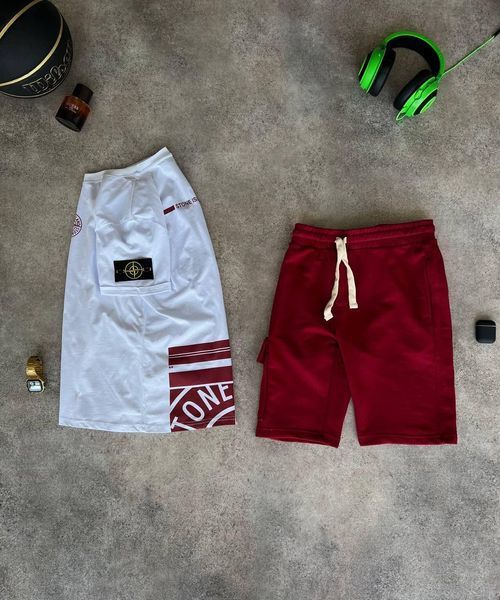 Мужской летний костюм Футболка Шорты Stone Island белый с бордовым Стон Айленд Моло-67-10 фото