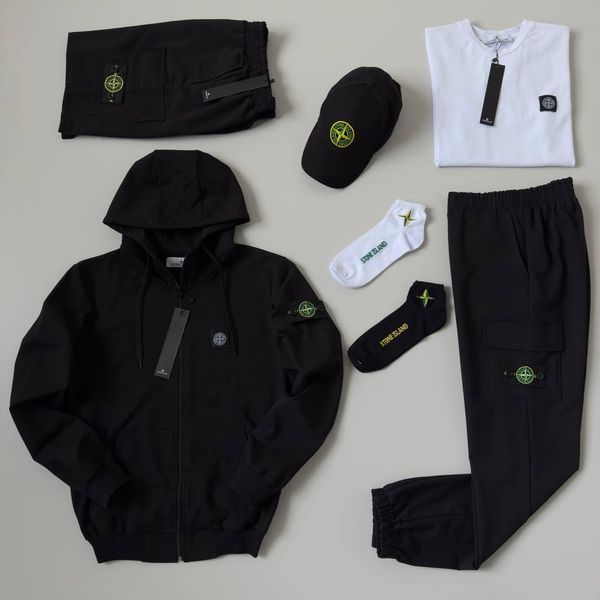 Чоловічий спортивний костюм Stone Island 7в1 чорний Набор Стон Айленд Костюм Футболка Шорти Кепка Хар-533 фото