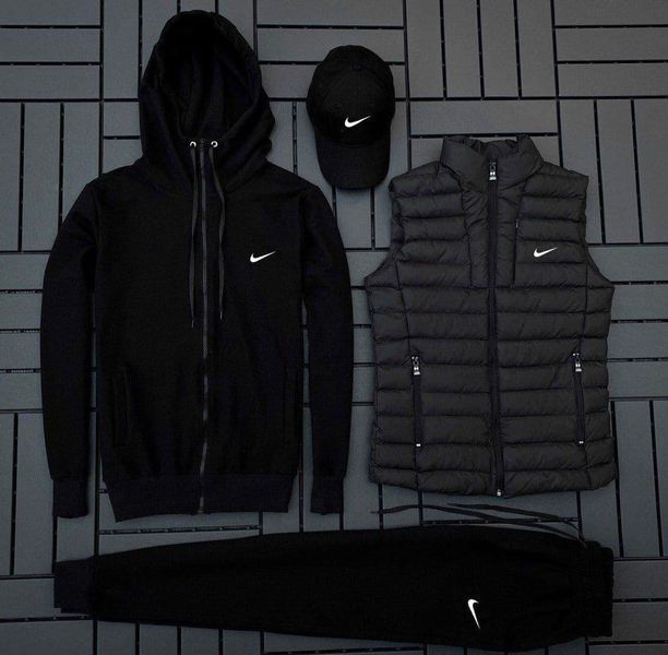 Мужской спортивный костюм Nike 5в1 черный Комплект Найк Худи Штаны Футболка Кепка Жилетка Мой-63/Hot-29 фото