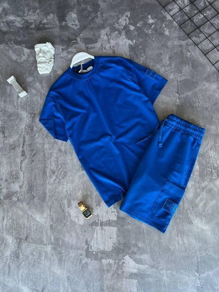 Чоловічий літній костюм Stone Island Футболка Шорти синій із патчем Стон Айленд Моло-45A-4 фото