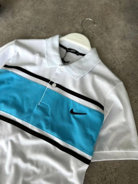 Мужская футболка Поло Nike белая с голубым хлопковая Тенниска Найк Моло-91-3 фото