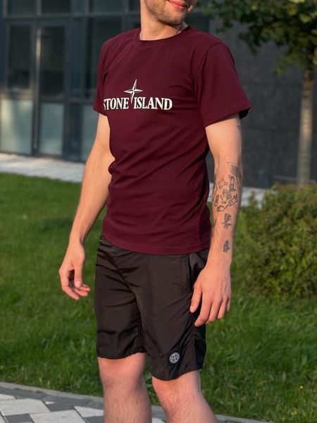 Мужской летний костюм Stone Island Футболка Шорты бордовый с черным Стон Айленд Will-SS0032 фото