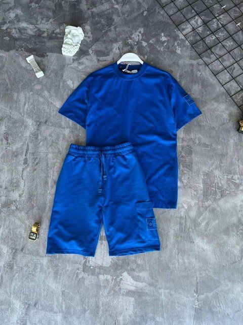 Чоловічий літній костюм Stone Island Футболка Шорти синій із патчем Стон Айленд Моло-45A-4 фото