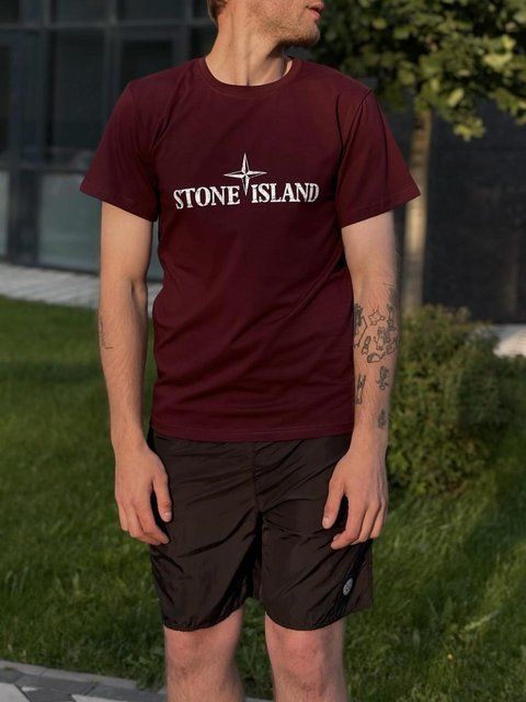 Мужской летний костюм Stone Island Футболка Шорты бордовый с черным Стон Айленд Will-SS0032 фото