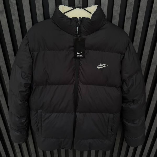 Чоловіча зимова двостороння куртка Nike Big Swoosh на хутрі чорна Пуховик Найк без капюшона Хар-485 2 фото