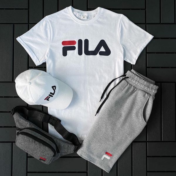 Чоловічий літній костюм Fila Футболка Шорти Кепка Барсетка чорний із сірим комплектом Філа Ow-160 фото