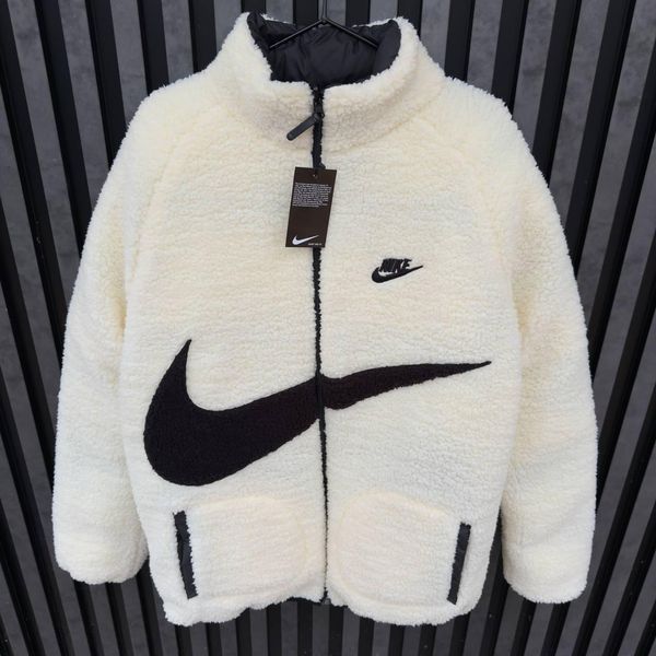 Чоловіча зимова двостороння куртка Nike Big Swoosh на хутрі чорна Пуховик Найк без капюшона Хар-485 2 фото