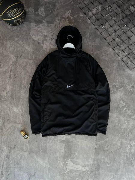 Мужской анорак Nike плюшевый двусторонний с капюшоном черный Ветровка Найк демисезонная Моло-55-101 фото