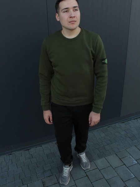 Мужской свитшот Stone Island хаки Кофта без капюшона Стон Айленд с патчем HOT-46 фото
