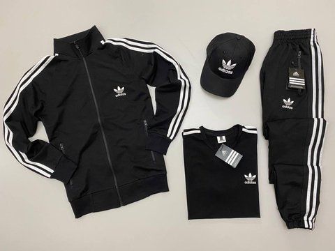 Мужской костюм Adidas 4в1 черный Комплект Адидас Кофта на змейке Штаны Футболка Кепка Мой-55 1 фото