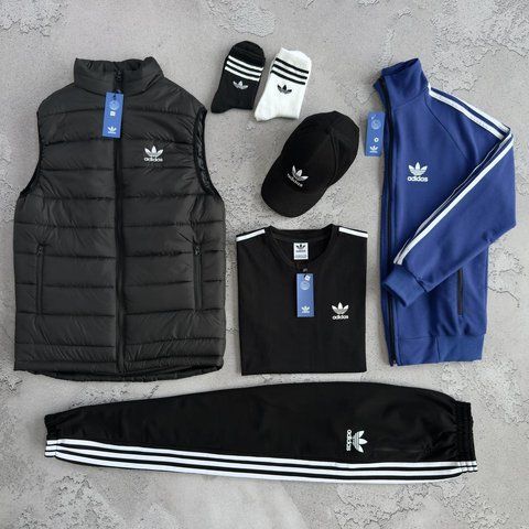 Мужской костюм Adidas 6в1 Жилетка + Кофта + Штаны + Футболка + Носки синий Хар-826 фото