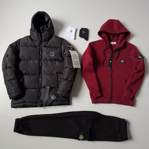 Мужской зимний спортивный костюм Stone Island 3в1 бордовый с черным Комплект Стон Айленд Костюм Зимняя куртка Хар-372 фото