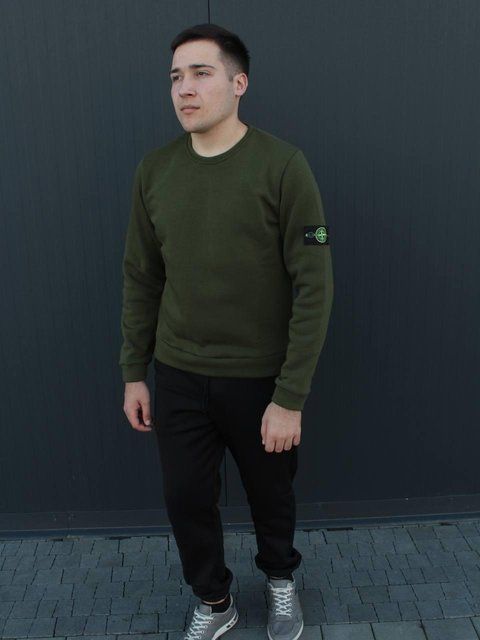 Мужской свитшот Stone Island хаки Кофта без капюшона Стон Айленд с патчем HOT-46 фото
