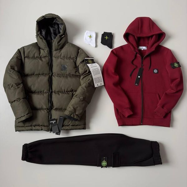 Мужской зимний спортивный костюм Stone Island 3в1 бордовый с черным Комплект Стон Айленд Костюм Зимняя куртка Хар-372 фото