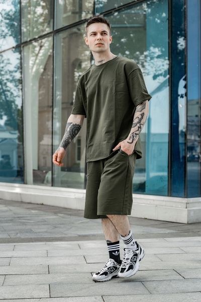 Мужской летний оверсайз костюм футболка и шорты хаки Intr-1620737556 фото
