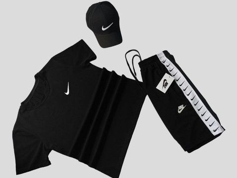 Чоловічий літній костюм Nike Футболка Шорти Кепка чорний комплект Найк із лампасами Will-N0063 фото