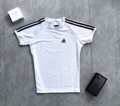 Чоловіча футболка Adidas біла Теніска Адідас з лампасами Мой-62/Хар-845 фото