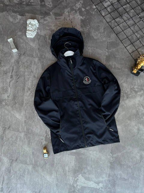 Мужская ветровка Moncler с капюшоном темно-синяя Куртка Монклер из плащевки демисезонная Моло-MNC-2 фото