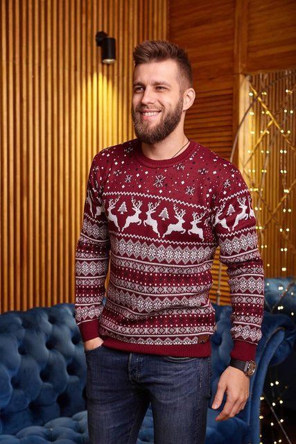 Мужской новогодний свитер с оленями бордовый Харь-36 фото