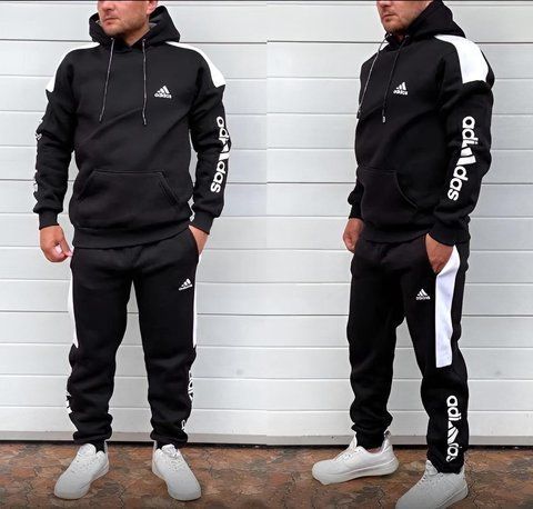 Мужской зимний спортивный костюм Adidas черный Комплект Худи Штаны Seas-54 фото